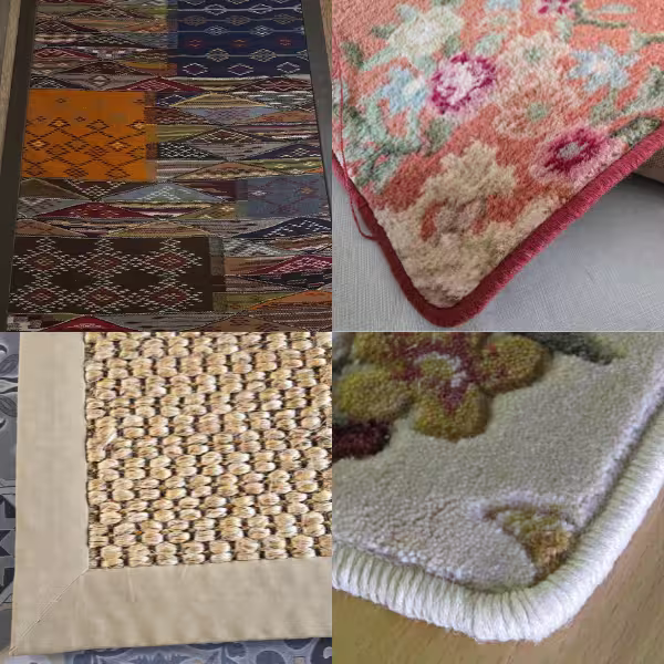 Rug binding, carpet overlocking, and edge finishing services in Auckland including leather edging, sisal edging, and wide border edging specialists