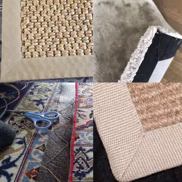 Close view of hand stitched rug edging work on a handmade rug using traditional techniques