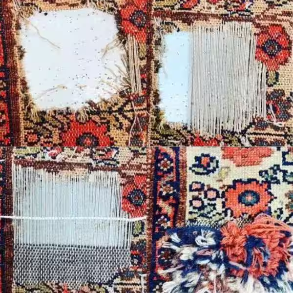 Persian rug restoration showing hole repair, weft reconstruction, and pile rebuilding by hand
