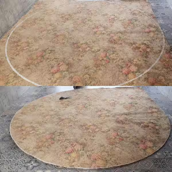Professional rug alteration in Auckland converting a rectangular rug into a circular shape through precise structural reshaping and edge reconstruction for Persian, Oriental, Turkish, Afghan, silk and handmade rugs by The Rug Guru and St Lukes rug specialist