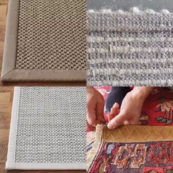 Leather reinforcement applied to stabilise and strengthen the edge of a handmade rug