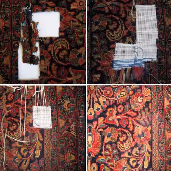 Step-by-step rug repair process showing large hole, weft reconstruction, and progressive weave restoration stages in handmade rug