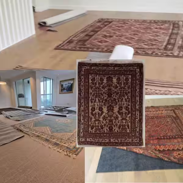 Rug protection systems in Auckland showing underlay floor stabilisation and wall hanging support methods used to reduce friction and structural stress on handmade rugs