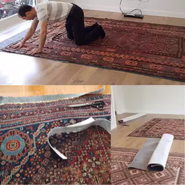 Handmade rug lifted to show non-slip underlay system used in Auckland homes to prevent movement, reduce friction, and protect fibres from long-term wear