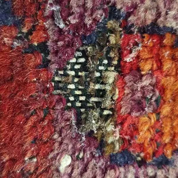 Close-up of wool rug fibres in Auckland showing moth larvae infestation and internal fibre damage before treatment