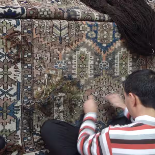 Close-up of hand repiling process fixing damaged rug surface