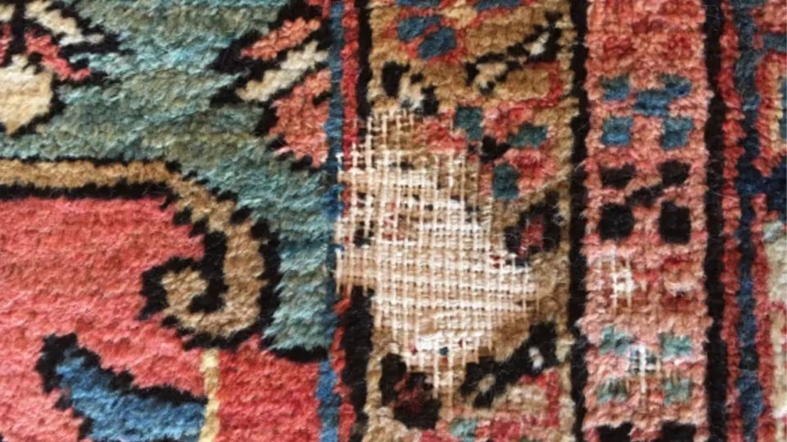 Close-up of moth damage in a handmade wool rug showing fibre loss and exposed foundation threads
