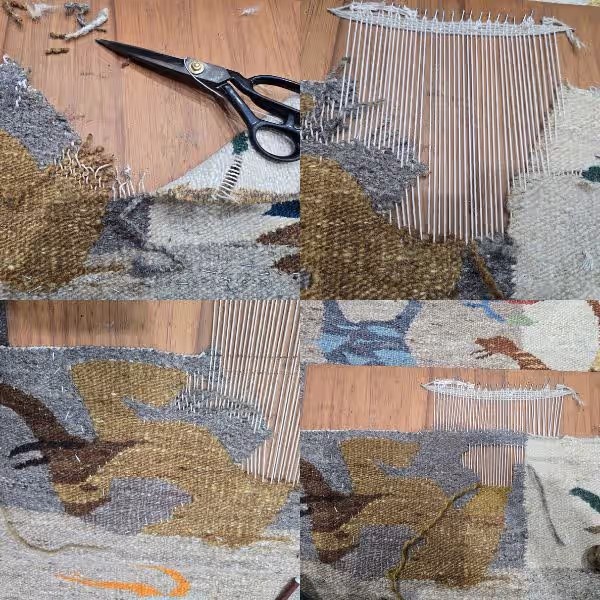 Handmade rug reweaving showing hole damage before repair and completed restoration result