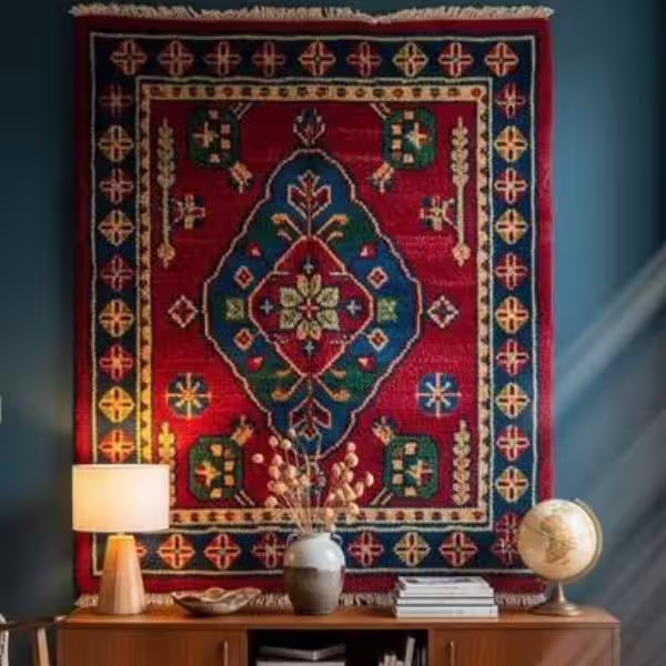 Rug top edge reinforcement stitching prepared for secure wall hanging installation system